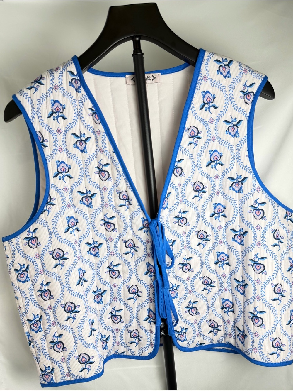 Nanette Lepore White Floral Embroidered Vest with Blue Trim